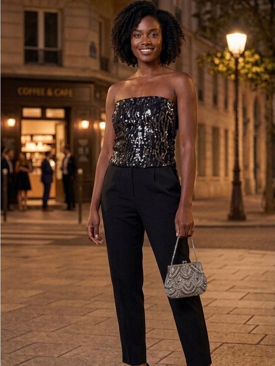 Jorya Tops - Strapless Black Sequin Crop Top - Evening Glam Size 6
